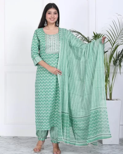 Jaipuri Printed Cotton Kurti Afghani Pant Dupatta Set Baby Blue