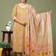 Jaipuri Printed Cotton Kurti Pant Dupatta Set Dark Yellow