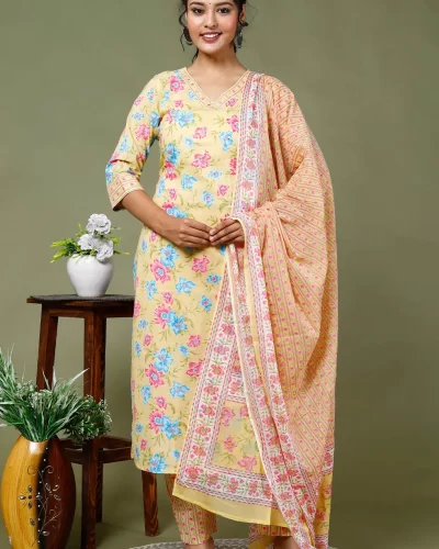 Jaipuri Printed Cotton Kurti Pant Dupatta Set Lemon Yellow