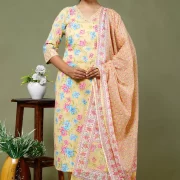 Jaipuri Printed Cotton Kurti Pant Dupatta Set Lemon Yellow