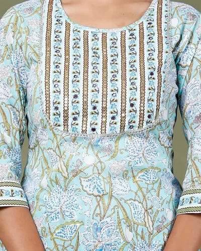 Jaipuri Printed Cotton Kurti Pant Dupatta Set Light blue