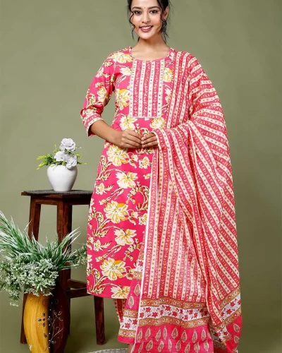 Jaipuri Printed Cotton Kurti Pant Dupatta Set Magenta
