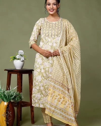 Jaipuri Printed Cotton Kurti Pant Dupatta Set Pastel yellow