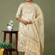 Jaipuri Printed Cotton Kurti Pant Dupatta Set Pastel yellow