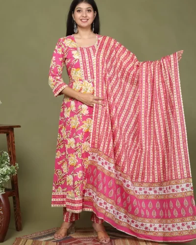 Long Frock Ghera Anarkali Kurtis Pant With Dupatta Set Pink (Anarkali Suit)