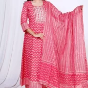Long Frock Ghera Anarkali Kurtis Pant With Dupatta Set Rose Red (Anarkali Suit)