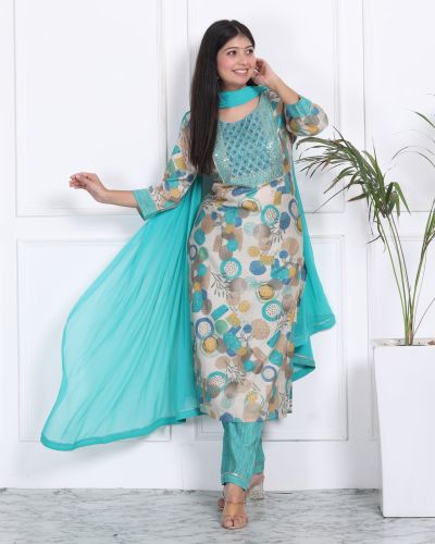 PURE MASLIN SILK ( WITH WORK  DESIGNER KURTI PANT DUPATTA SET ) BABY BLUE