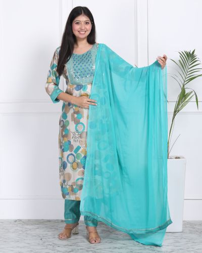 PURE MASLIN SILK ( WITH WORK  DESIGNER KURTI PANT DUPATTA SET ) BABY BLUE