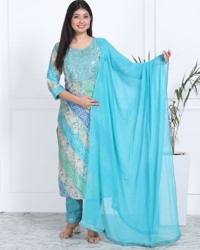 PURE MASLIN SILK ( WITH WORK  DESIGNER KURTI PANT DUPATTA SET ) TURQUOISE GREEN