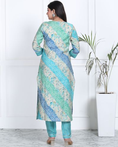 PURE MASLIN SILK ( WITH WORK  DESIGNER KURTI PANT DUPATTA SET ) TURQUOISE GREEN