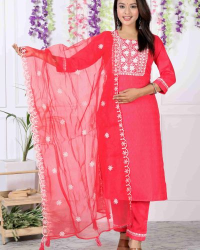 KURTI PANT WITH DUPATTA SET ( ROSE RED )