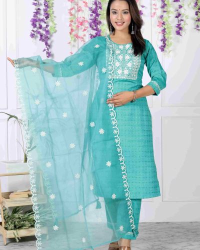 KURTI PANT WITH DUPATTA SET (  CERULEAN BLUE )