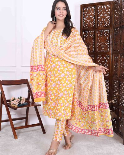 KURTI PANT DUPATTA SET ( PURE COTTON 60*60 )