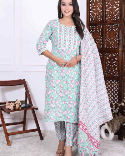 KURTI PANT DUPATTA SET ( PURE COTTON 60*60 )