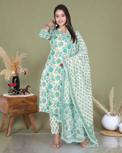 KURTI PANT DUPATTA SET ( PURE COTTON 60*60 )