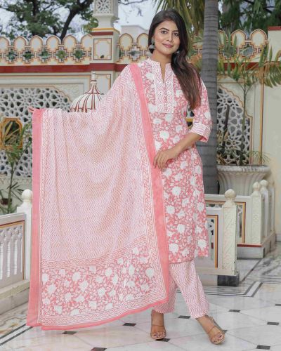 KURTI PANT DUPATTA SET ( PURE COTTON 60*60 )