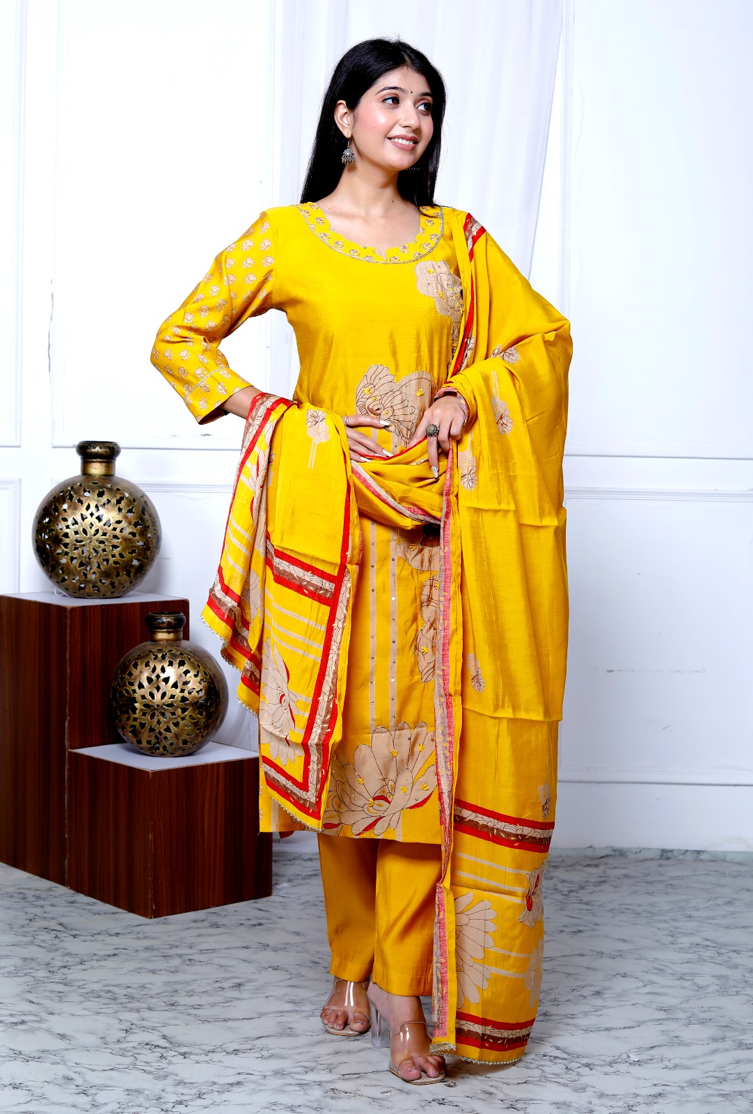 KURTI PANT DUPATTA SET ( MASLIN SILK )