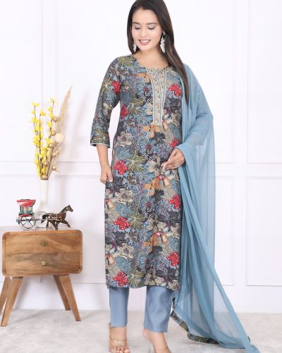 KURTI PANT DUPATTA SET ( MASLIN SILK )