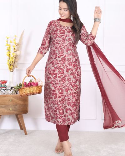 KURTI PANT DUPATTA SET ( MASLIN SILK )