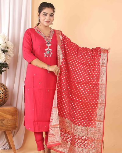 FABRIC ROMAN SILK KURTI PANT DUPATTA SET ( BANARASI DUPATTA )