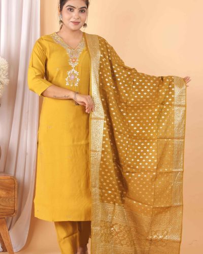 FABRIC ROMAN SILK KURTI PANT DUPATTA SET ( BANARASI DUPATTA )