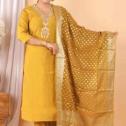 FABRIC ROMAN SILK KURTI PANT DUPATTA SET ( BANARASI DUPATTA )