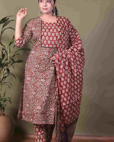 KURTI PANT DUPATTA SET ( PURE COTTON 60*60 )