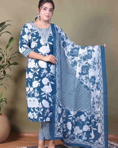 KURTI PANT DUPATTA SET ( PURE COTTON 60*60 )