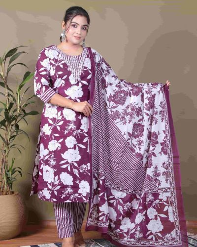 KURTI PANT DUPATTA SET ( PURE COTTON 60*60 )