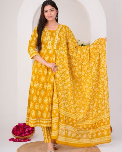 LONG ANARKALI KURTI PANT DUPATTA SET