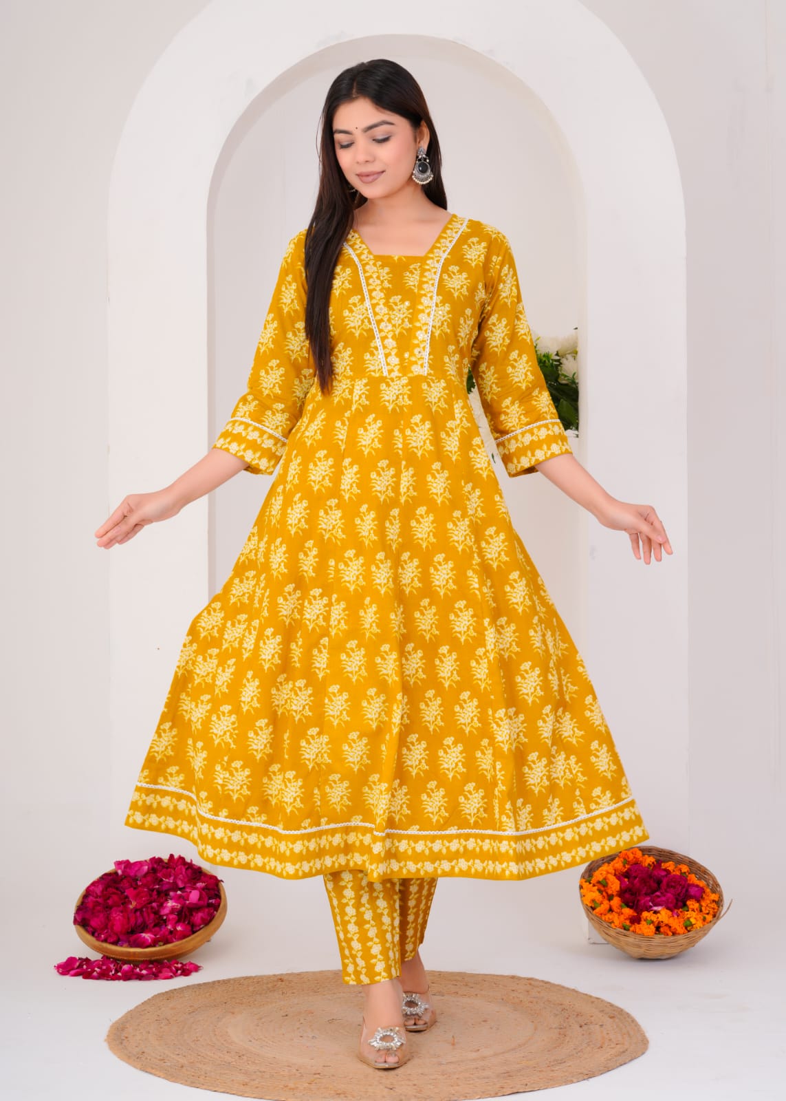 LONG ANARKALI KURTI PANT DUPATTA SET