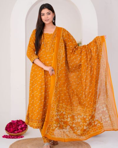 LONG ANARKALI KURTI PANT DUPATTA SET ( ORANGE )