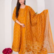 LONG ANARKALI KURTI PANT DUPATTA SET ( ORANGE )