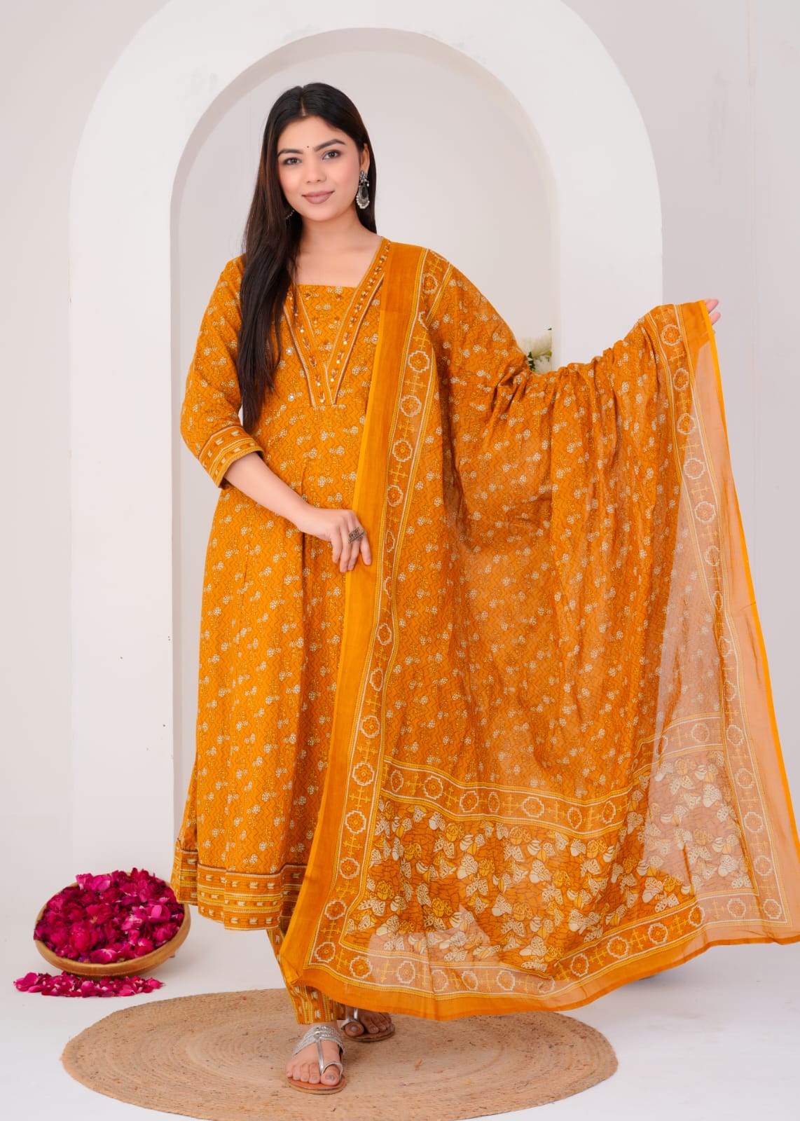 LONG ANARKALI KURTI PANT DUPATTA SET ( ORANGE )