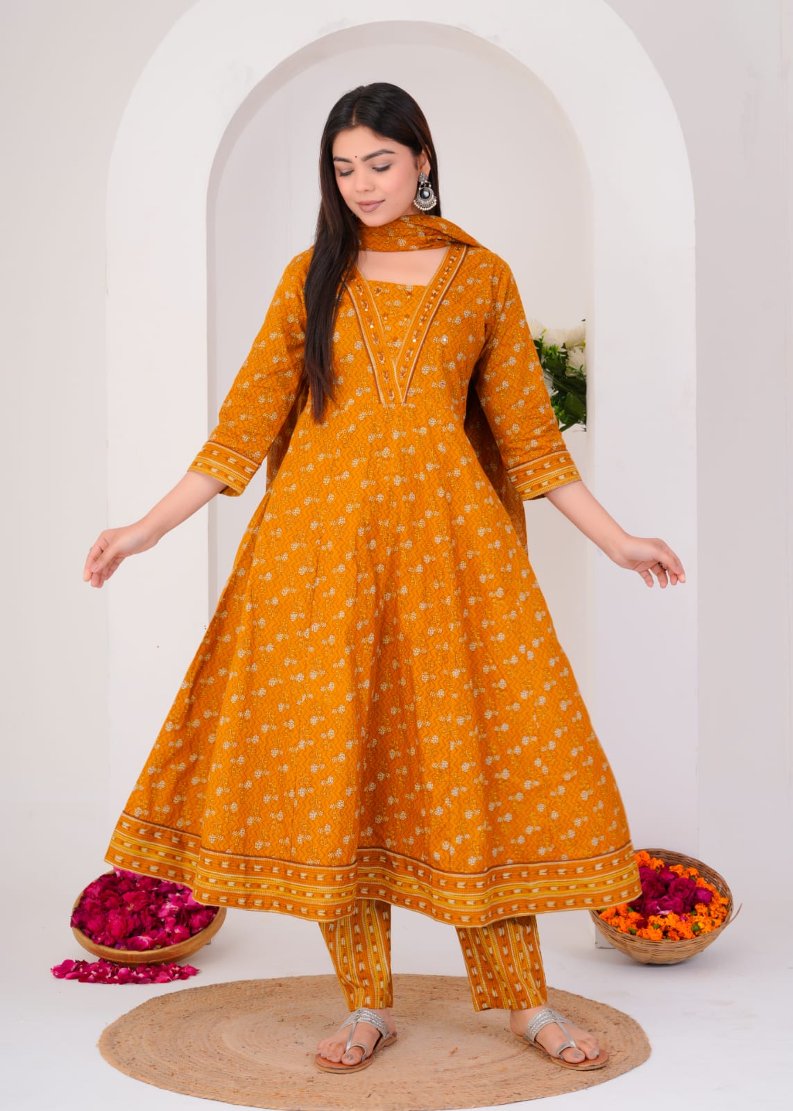 LONG ANARKALI KURTI PANT DUPATTA SET ( ORANGE )