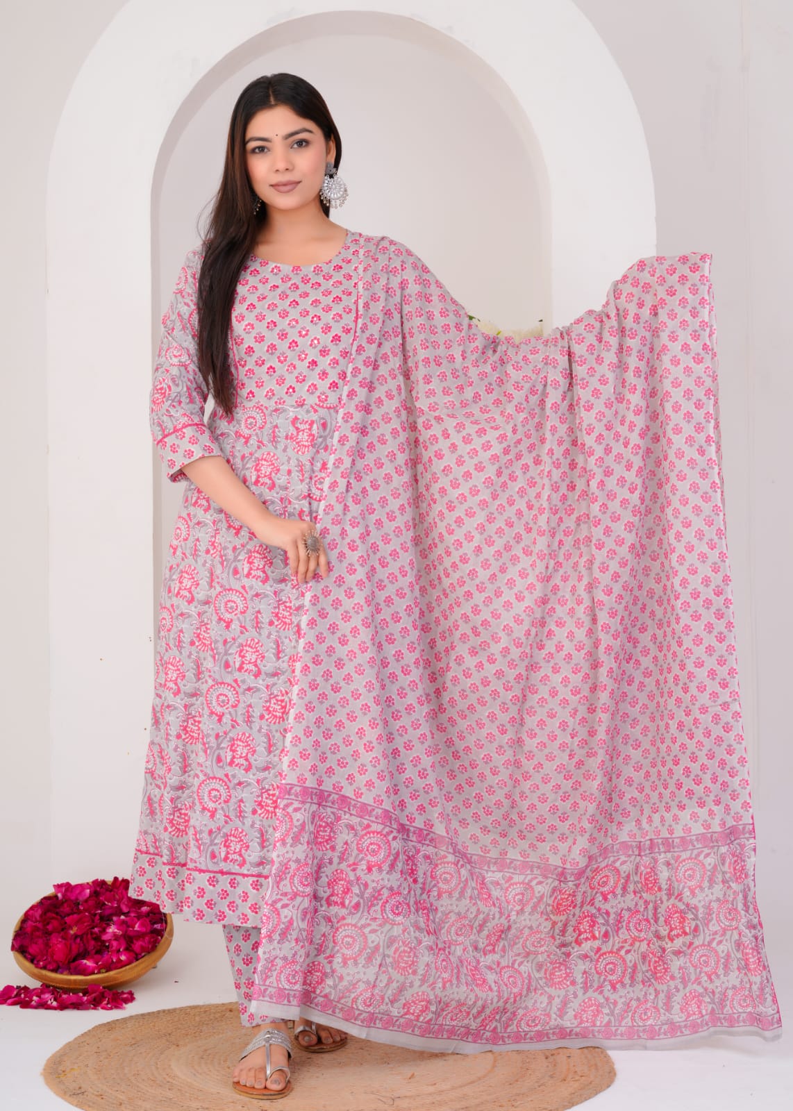 LONG ANARKALI KURTI PANT DUPATTA SET