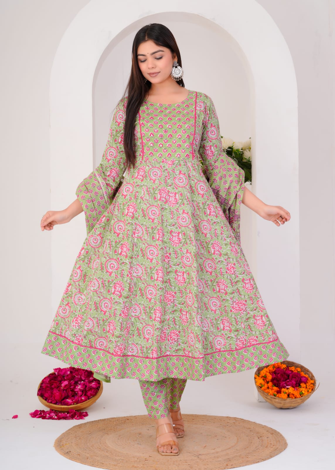 LONG ANARKALI KURTI PANT DUPATTA SET