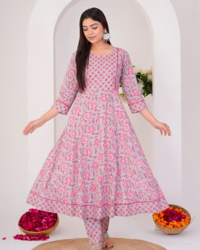 LONG ANARKALI KURTI PANT DUPATTA SET