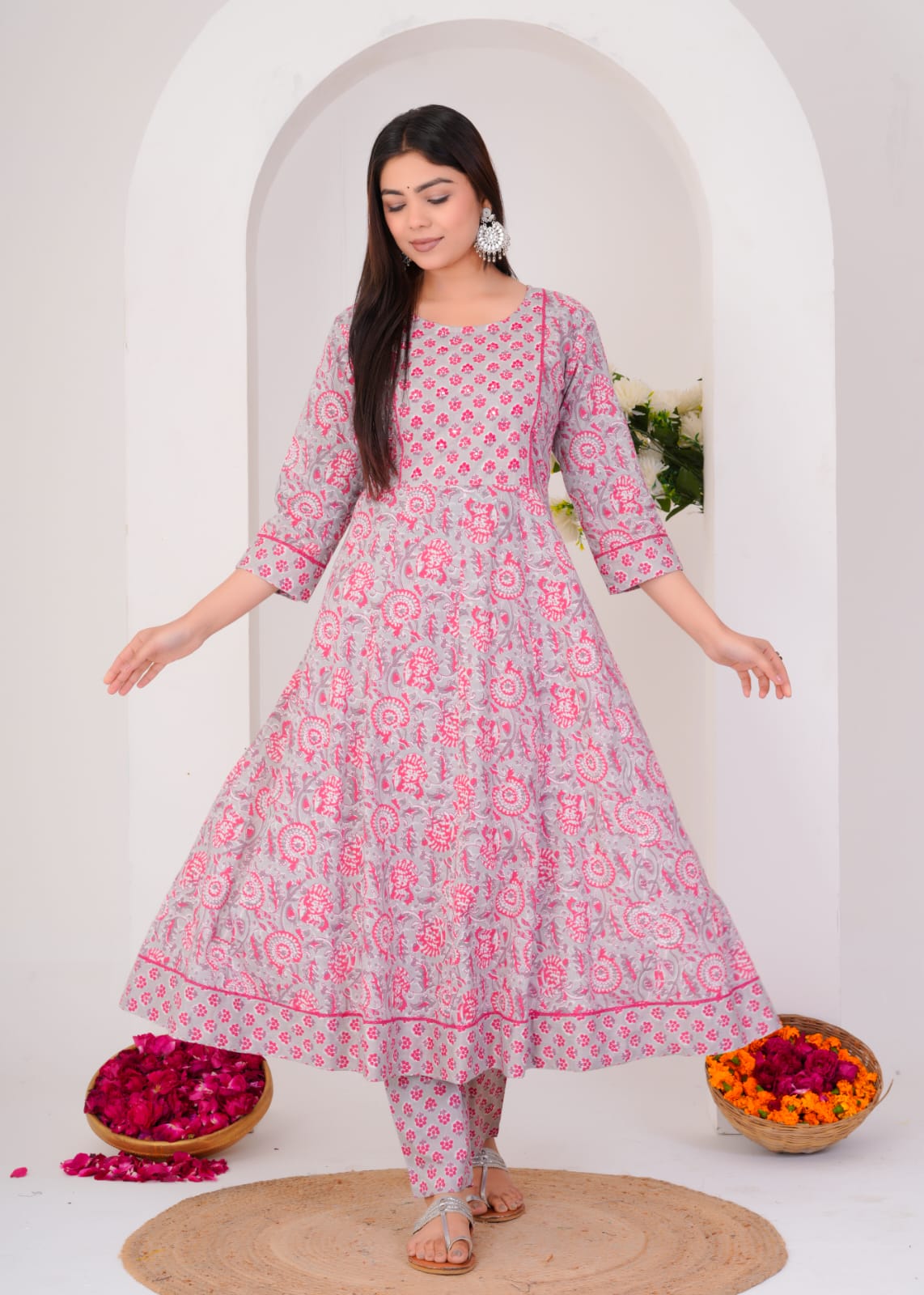 LONG ANARKALI KURTI PANT DUPATTA SET