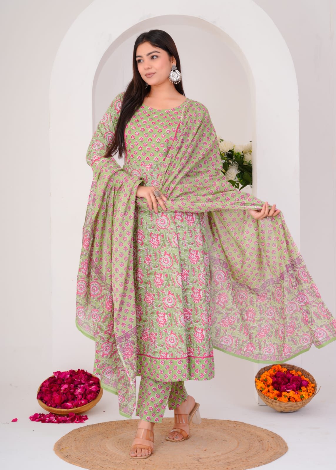 LONG ANARKALI KURTI PANT DUPATTA SET