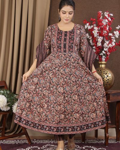 LONG ANARKALI KURTI PANT DUPATTA SET