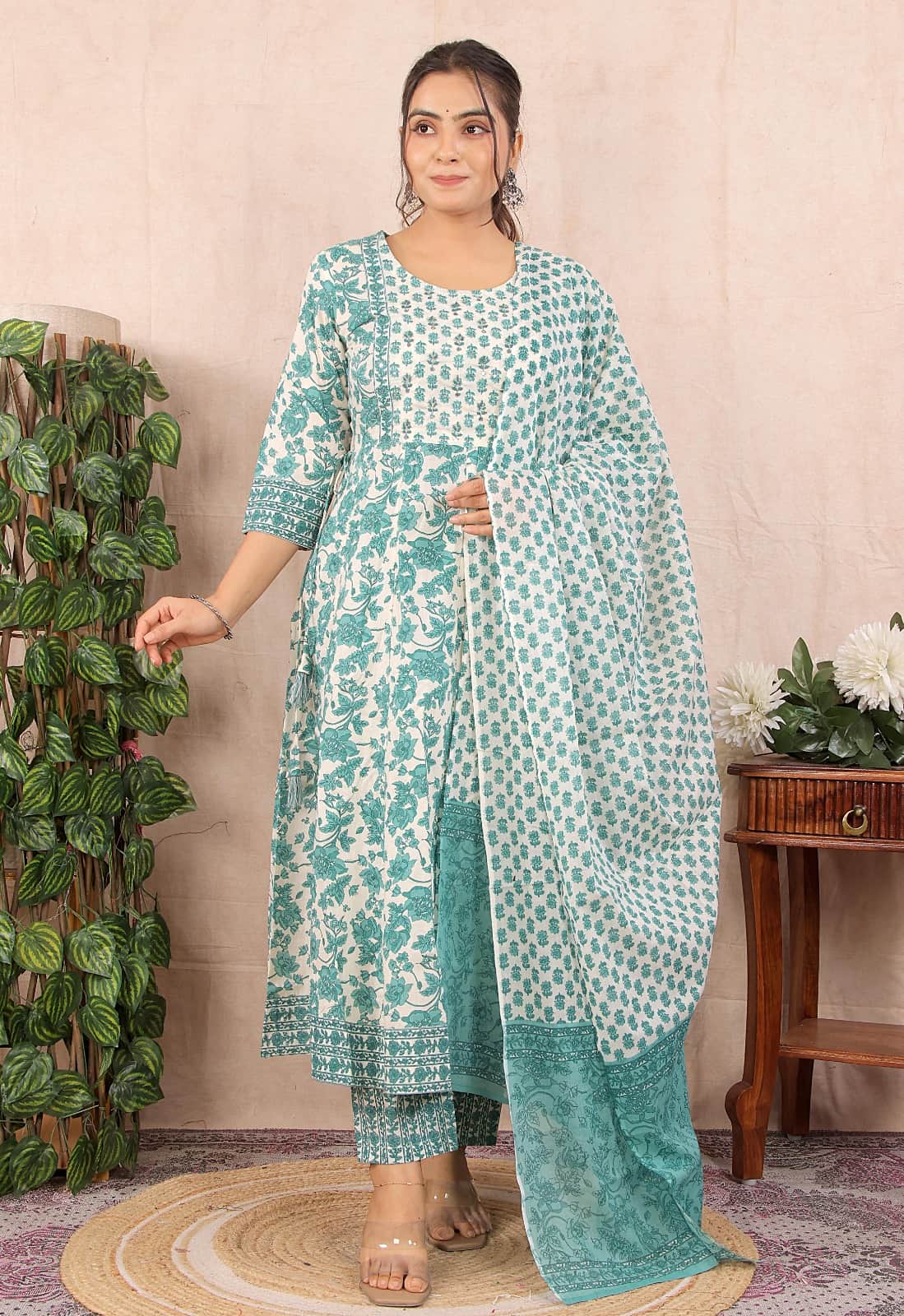 LONG ANARKALI KURTI PANT DUPATTA SET