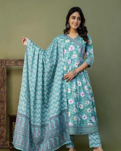 PURE COTTON LONG ANARKALI KURTI PANT DUPATTA SET