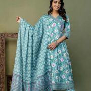 PURE COTTON LONG ANARKALI KURTI PANT DUPATTA SET