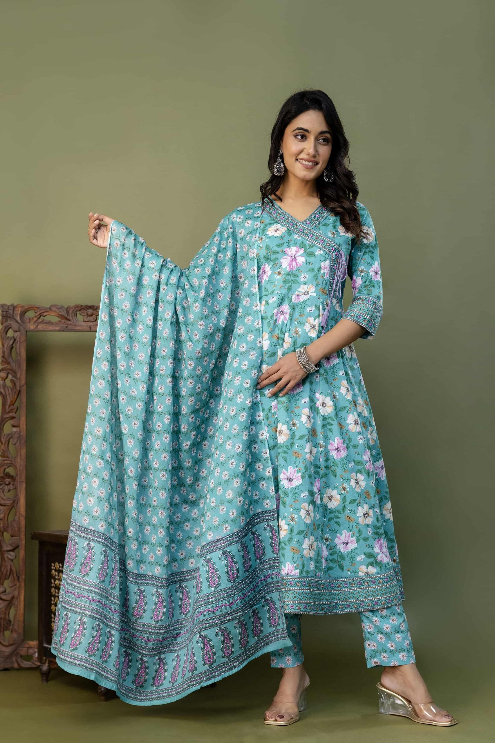 PURE COTTON LONG ANARKALI KURTI PANT DUPATTA SET