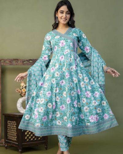 PURE COTTON LONG ANARKALI KURTI PANT DUPATTA SET