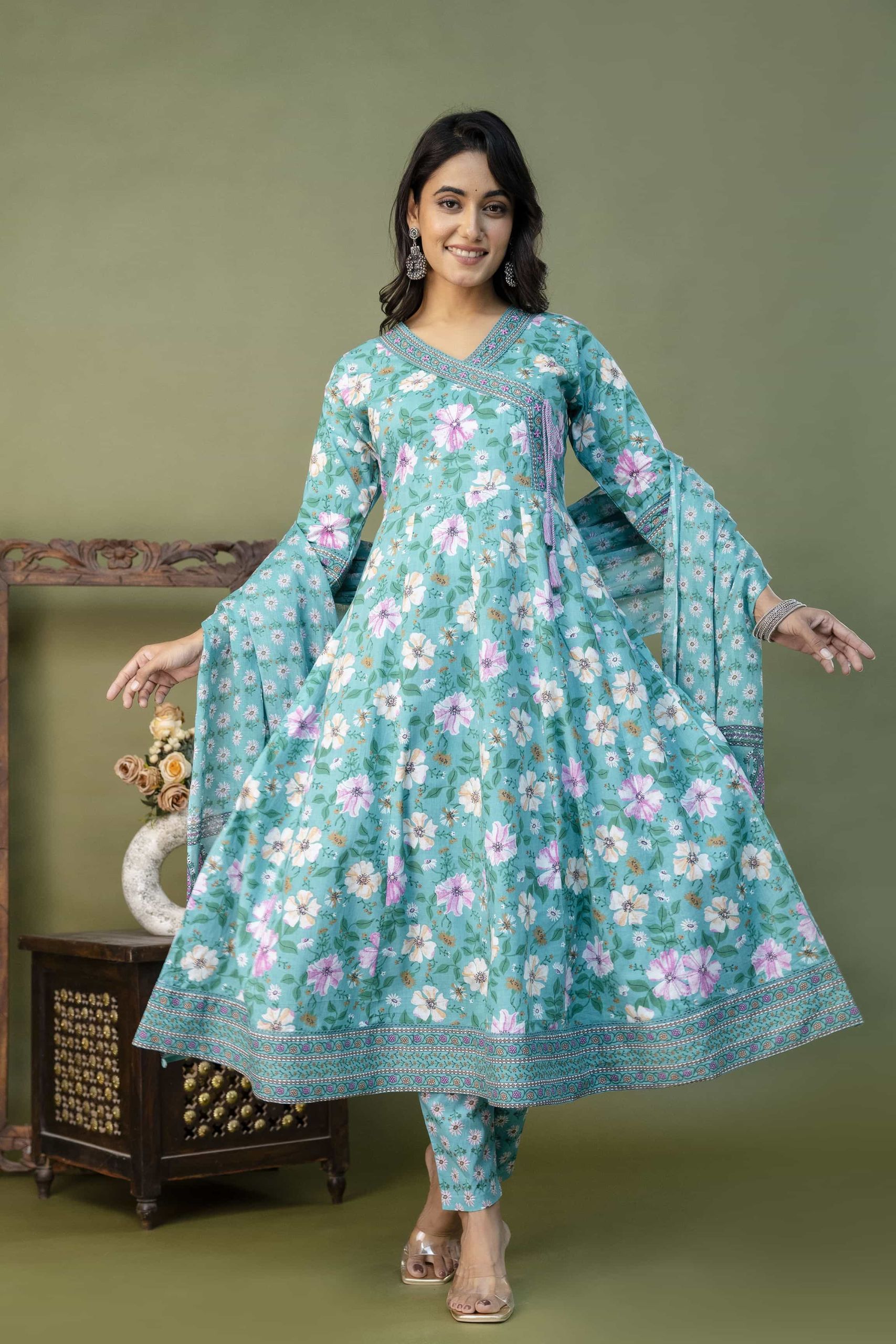 PURE COTTON LONG ANARKALI KURTI PANT DUPATTA SET