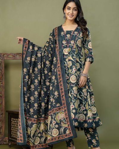 PURE COTTON LONG ANARKALI KURTI PANT DUPATTA SET