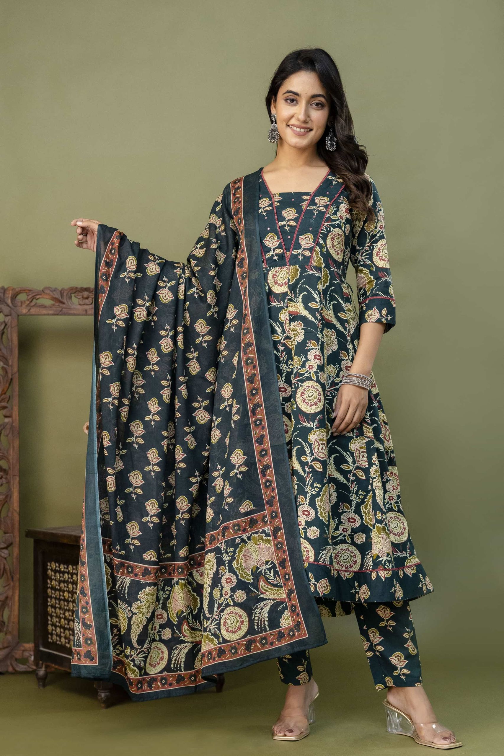 PURE COTTON LONG ANARKALI KURTI PANT DUPATTA SET