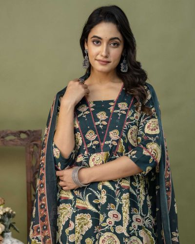 PURE COTTON LONG ANARKALI KURTI PANT DUPATTA SET